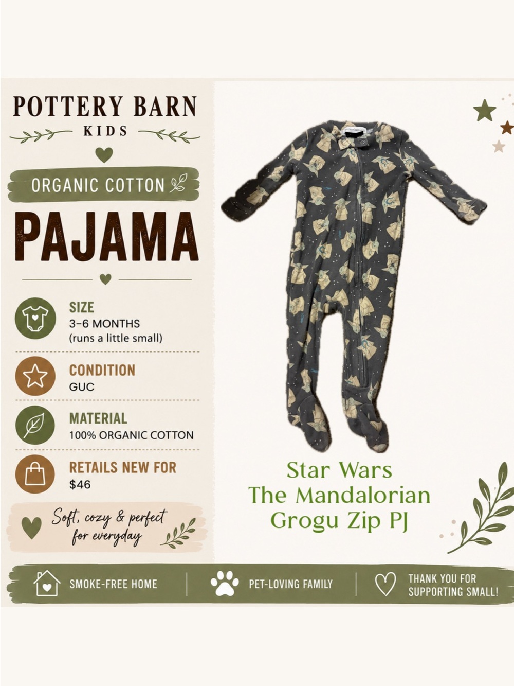 Pottery Barn Kids Gray Grogu Star Wars Organic Cotton Zip Footed Pajamas